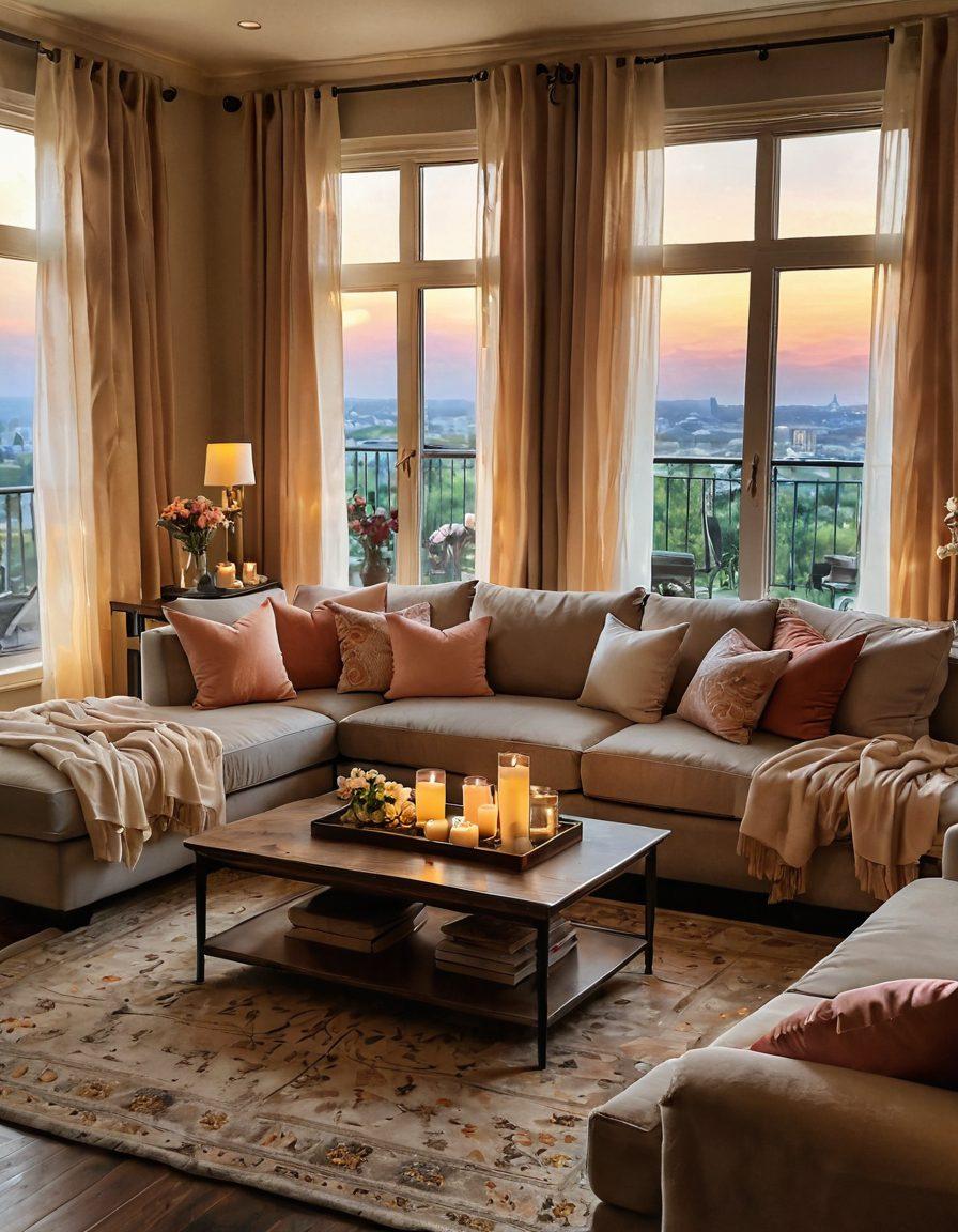 A cozy living room adorned with soft, warm lighting, plush pillows, and elegant drapes creating an intimate setting. A beautifully-set table with candles and fresh flowers, alongside a luxurious rug and stylish decor accents that evoke romance. Subtle heart shapes in the decor elements and a hint of a sunset visible through the window, adding to the atmosphere. super-realistic. vibrant colors. warm tones.