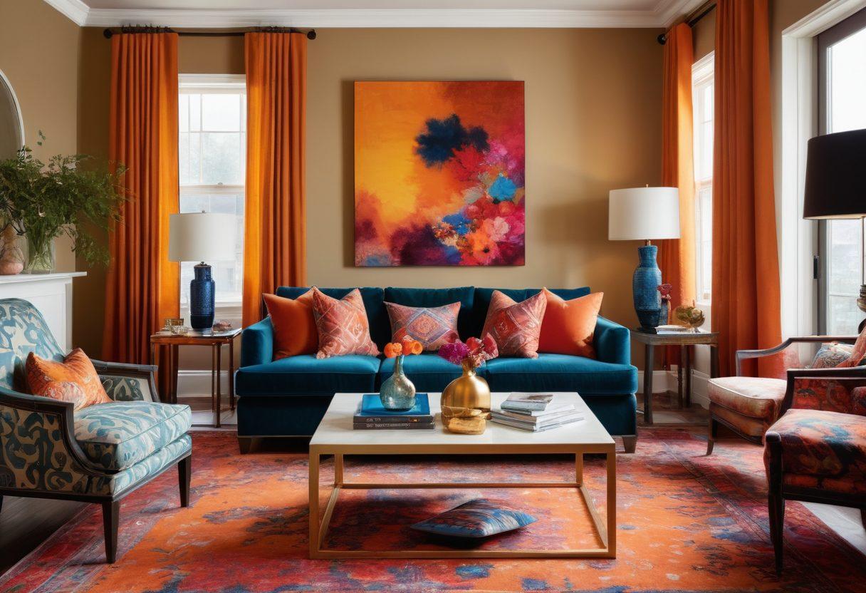A cozy living room scene showcasing vibrant and passionate textiles such as bold-patterned throw pillows, luxurious curtains, and a city-chic rug. Accentuated with elegant accessories like a striking vase, artistic wall art, and ambient lighting that creates a warm atmosphere. The overall color palette should be rich and inviting, symbolizing creativity and style. super-realistic. vibrant colors. warm tones.