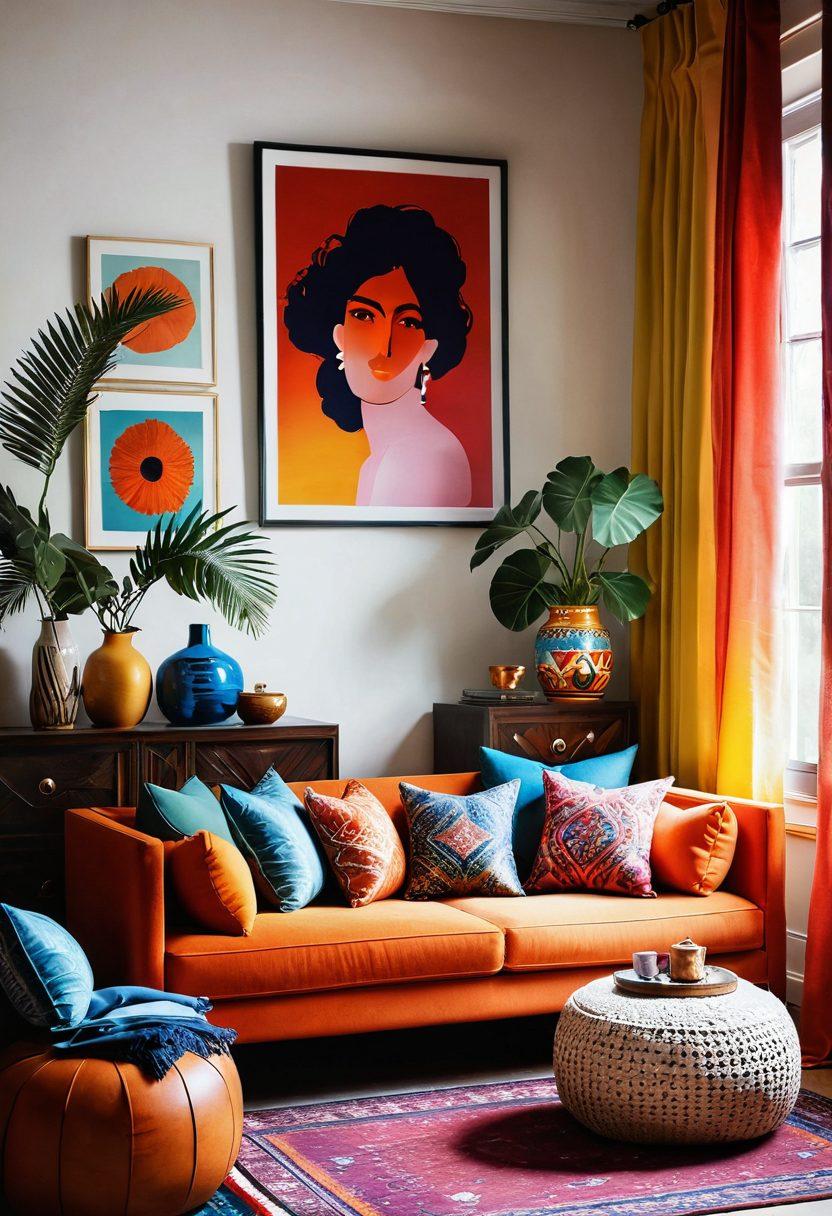 A beautifully styled interior setting showcasing an array of vibrant textiles, including rich patterned cushions, elegant drapes, and unique chic accessories like colorful vases and art pieces. The scene should convey warmth and creativity, with a cozy seating area bathed in natural light. Elements of modern design should harmonize with bohemian influences, inviting the viewer to explore a passionate aesthetic. soft focus. vibrant colors. super-realistic.
